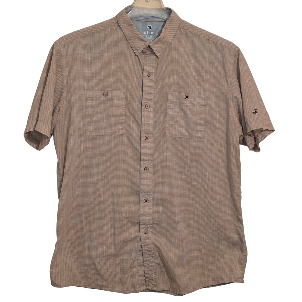 KUHL Mens XL Button Down Short Sleeve Shirt Beige Plaid Casual Outdoor Adventure